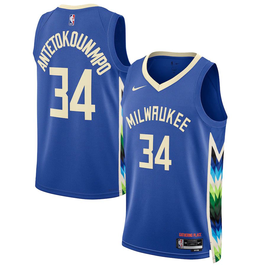 Men Milwaukee Bucks 34 Giannis Antetokounmpo Nike Royal City Edition 2022 #23 Swingman NBA Jersey->milwaukee bucks->NBA Jersey